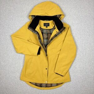 Pendleton Rain Trail Jacket Women's Small Hidden Hood Snaps Zipper Mustard Plaid
